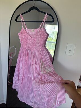 POL Pink Striped Smocked Sundress with Embroidery